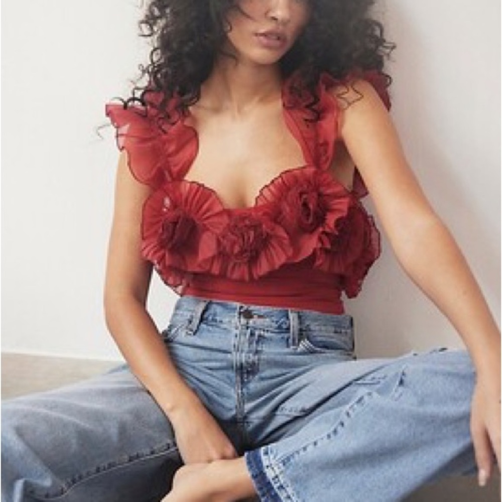 Free People Red Ruffled Until Next Time Bodysuit